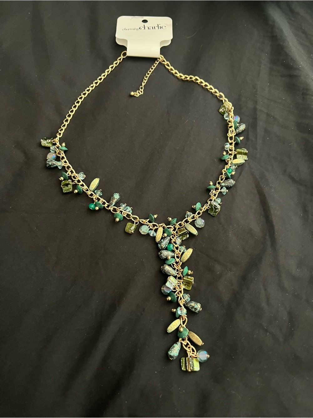 NWT Charming Charlie Green Beaded Gold Tone Y Drop Necklace NWT